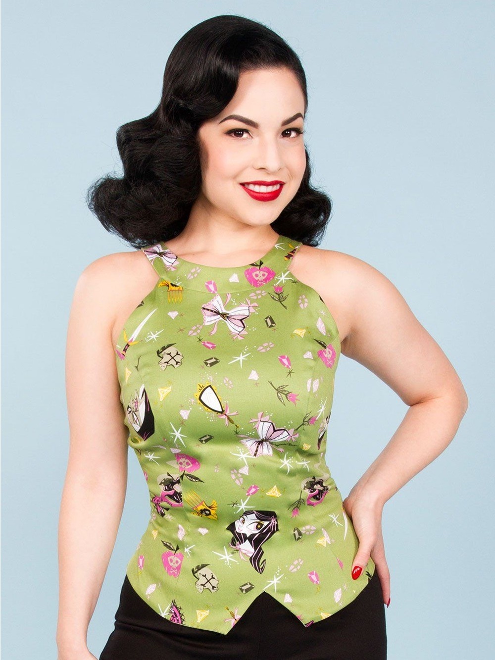 Pinup Couture x Stephanie Busceme Carole Green Halter in Villains Print